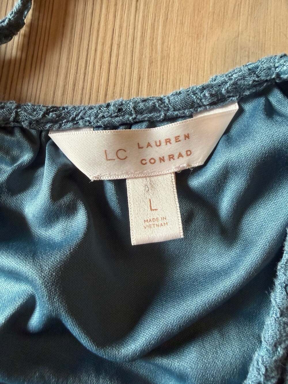 LC Lauren Conrad Teal Lace Eyelet Blouse with Back Tie - Picture 4 of 7